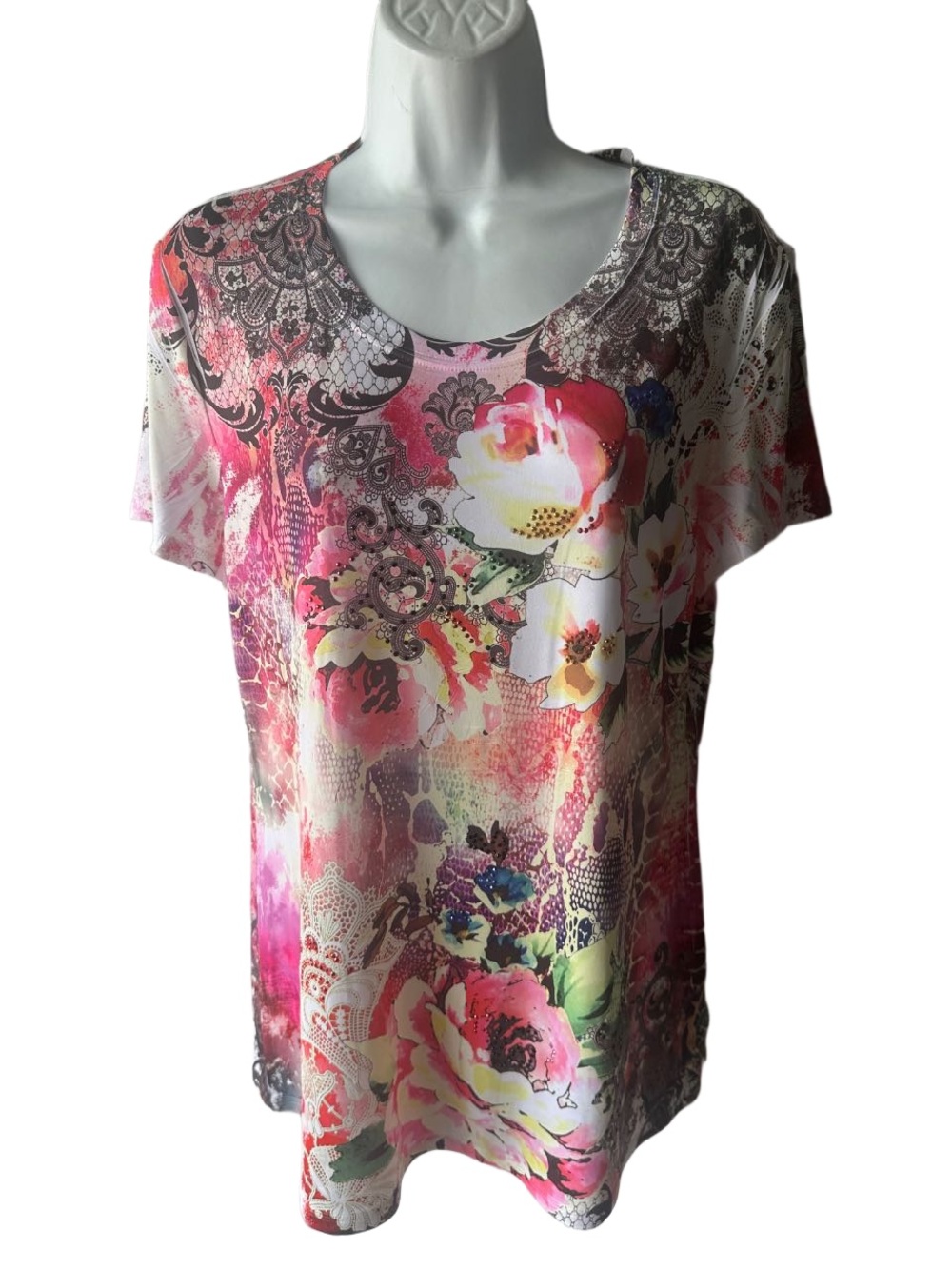 New Directions Pink White Floral Lace Scrollwork Short Sleeve Top Size XL